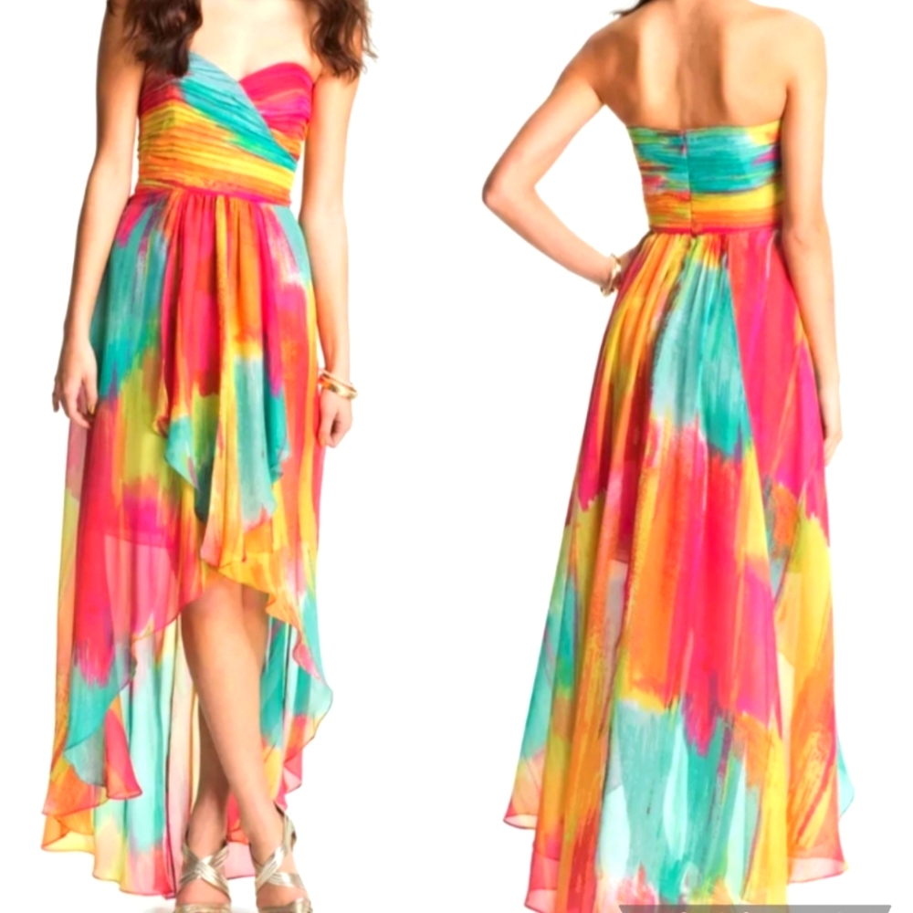 Laundry By Shelli Segal Multi Color Chiffon Strapless High Low Maxi Dress - Picture 1 of 13